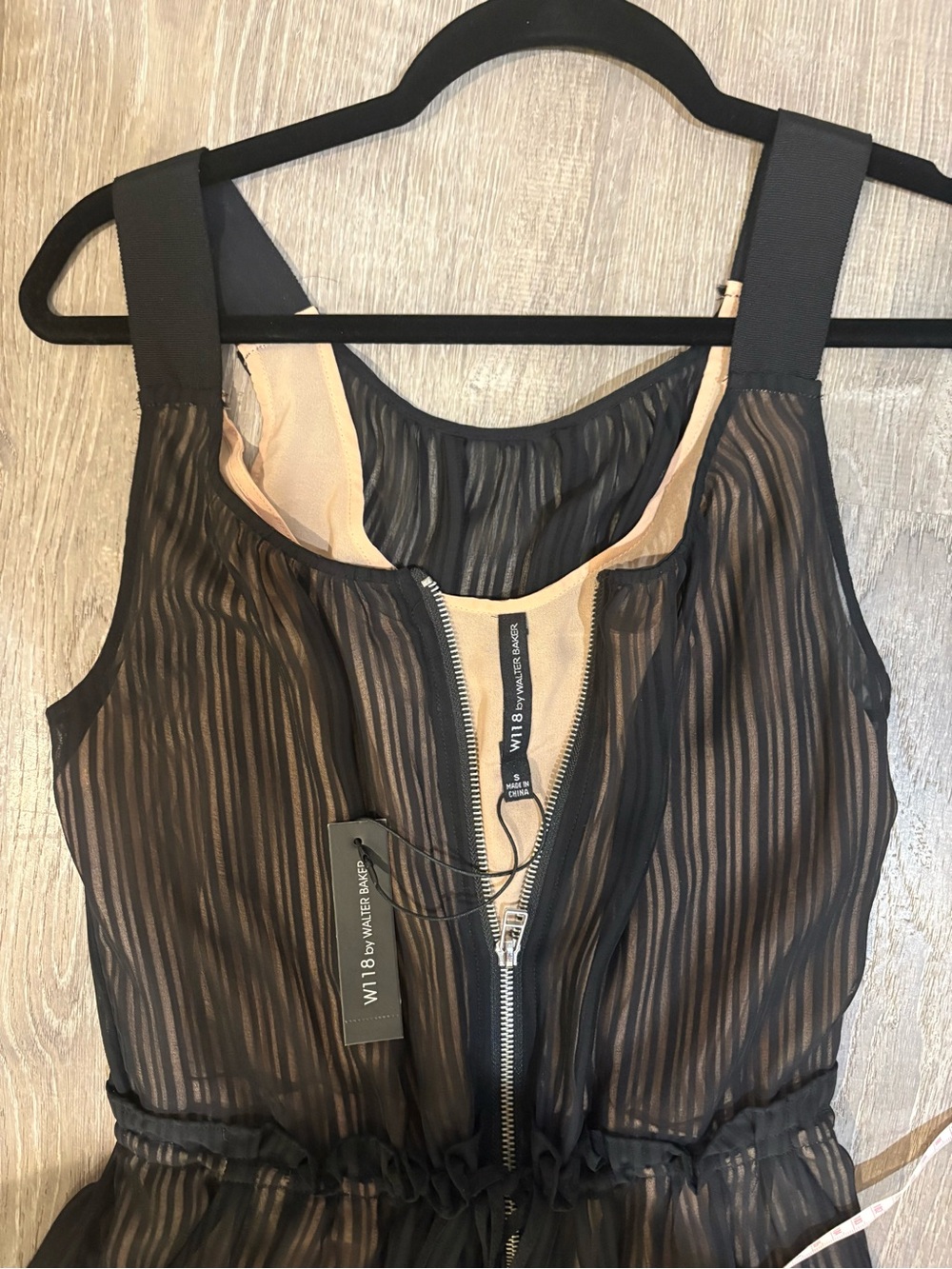 W118 by Walter Baker Black Sheer Zip-Front Mini Dress with Nude Lining